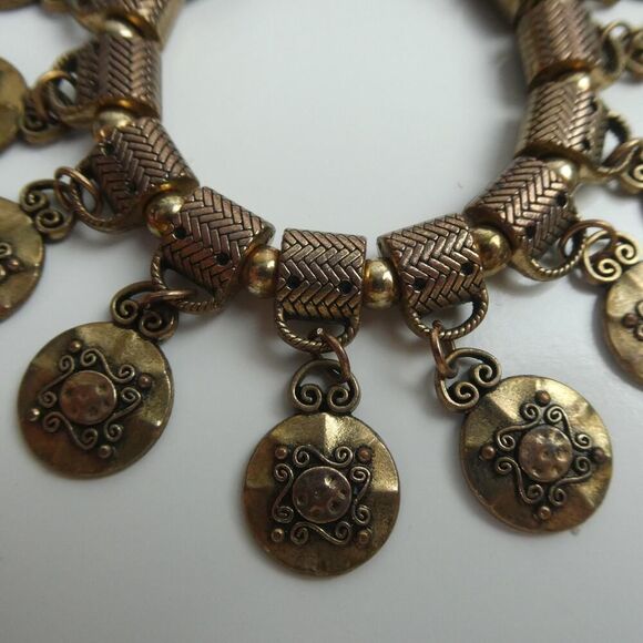 Brass Bronze Tone Dangle Charm Beaded Bracelet Adjustable Stretchy Boho Festival - Picture 2 of 7